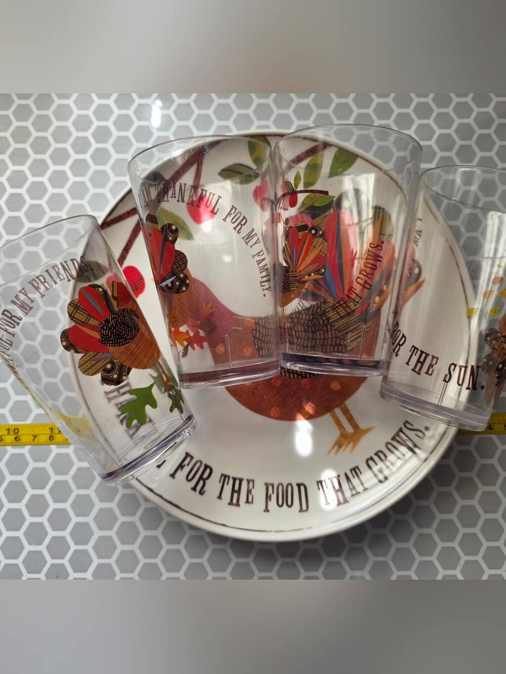 Pottery Barn Kids Melamine Thanksgiving 4 Dishes & 4 Cups Gratitude Sayings